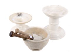 Two vintage ceramic ham stands plus pestle and mortar. One stand marked 'G. Rusbrooke'. Max.