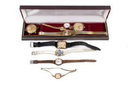 A group of assorted wristwatches, one with a 9ct gold case.