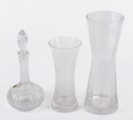 Two Dartington Crystal Millennium glass vases and a Webb cut glass decanter. Max. H35cm. (3).