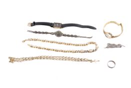 A small group of costume jewellery and three ladies wrist watches.