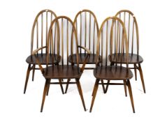 A set of five Ercol 365 Quaker mid-century chairs. Consisting of a carver and four dining chairs.