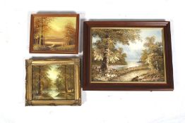 Three paintings, oil on canvas, depicting forest scenes. Unsigned. Max. 39cm x 29cm, all framed.