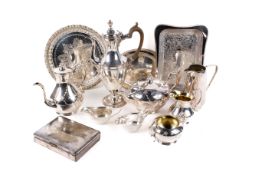 A group of silver plated items. Including a four piece tea set, etc. Max.