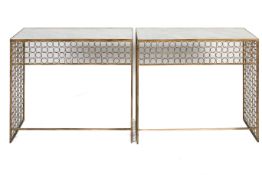 Pair of contemporary marble top console tables. With gilt metal frames.