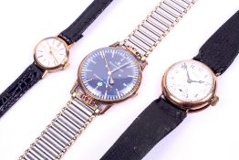 Three 9ct gold and yellow metal wristwatches.