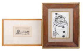 An etching and a pen and ink drawing.