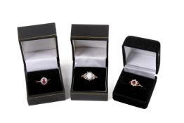 Three 9ct gold stone set rings.