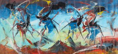 Abstract oil painting on canvas - possibly by Dullah Jongo, a Zambian artist. Signed bottom right.