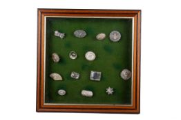 A framed collection of silver and white metal brooches.