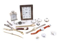 Collection of assorted watches and a white metal framed clock, etc.