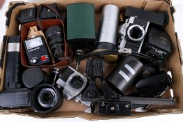 A collection of cameras. Including Minolta and various lenses etc.