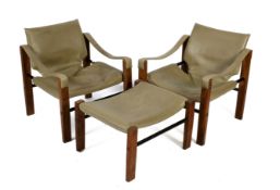 A pair of mid-century Arkana Chelsea Safari sling chairs and matching footstool.