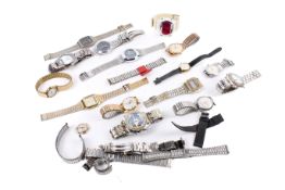 A collection of vintage and contemporary wrist watches.