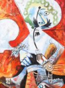 Contemporary oil on canvas in the style of Picasso. Indistinct signature bottom right. 29cm x 40cm.