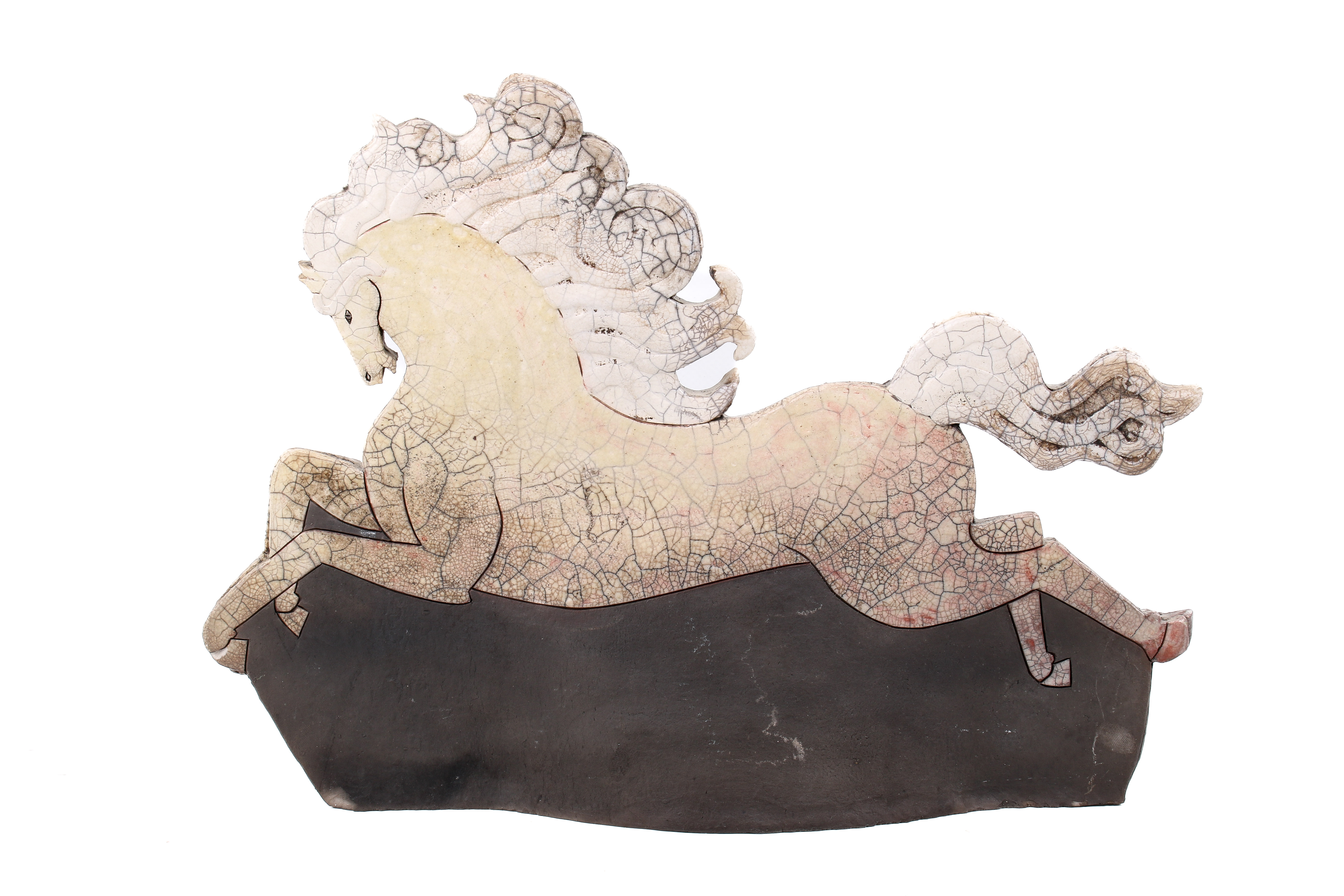 Studio Art raku fired slab pottery figure modelled as a horse. Stamped with impressed mark.