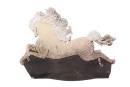 Studio Art raku fired slab pottery figure modelled as a horse. Stamped with impressed mark.