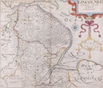 A circa 1637 hand coloured engraved map of Lincolnshire. Christopher Saxton and William Kip.