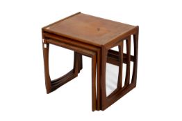 A mid-century G-Plan Quadrille (red label) nest of three teak tables. Max.