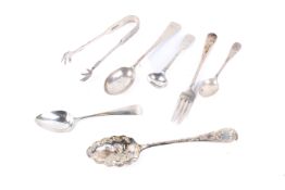 Seven pieces of silver and silverplated flatware.