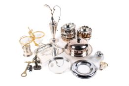 A group of assorted silver plated items. Including a ewer jug, etc. Max.