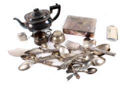 A collection of assorted silver plated items. Including a cigarette box and a tea pot, etc. Max.