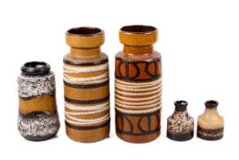 A collection of five assorted mid-century West German Pottery vases. Including Scheurich, etc. Max.