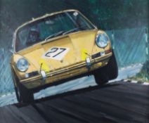 Bill Holmes - acrylic on canvas depicting a Porsche racing car. Signed and dated '69 bottom right.
