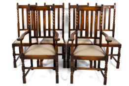Set of six turned oak framed dining chairs. (4 + 2) With upholstered drop in seats. Max.