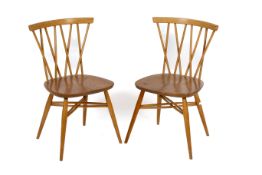 Pair of Ercol latticed 'Candlestick' elm and beech chairs. Model 376.