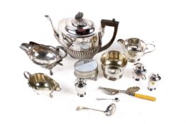 A collection of assorted silver plated items. Including a tea pot, sauce boats, etc. Max.