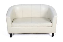 A contemporary leather sofa. In white and raised on square legs, H75cm x W125cm x D63cm.