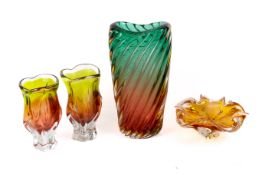 Four pieces of assorted mid-century Murano style coloured art glass items.