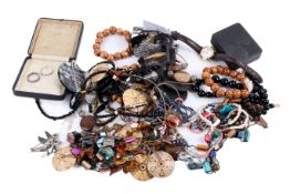 A small group of costume jewellery and three watches.