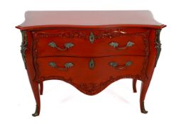 A French style ormolu mounted serpentine commode labelled 'And So To Bed, London'.