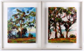 Kate Cochrane, acrylic and oil on board, two paintings of trees.