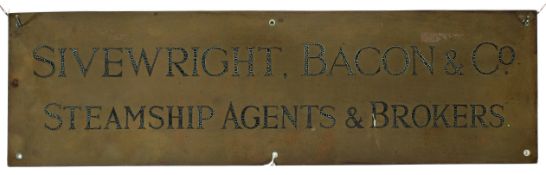 An early 20th century brass 'Steamship Agents' premises building plaque.