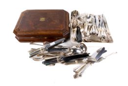 A collection of assorted silver plated cutlery plus a walnut canteen.