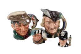 Four Royal Doulton character jugs. Including 'The Poacher' D 6429 and 'Robin Hood' D 6527, etc. Max.