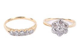 A pair of old cut diamond set rings. To include a cluster ring set with seven diamonds of 0.