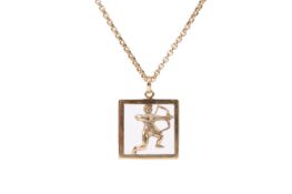 A 9ct gold pendant of a kneeling archer on a chain. The pendant 1.9cm x 1.