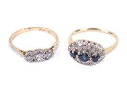 Two 18ct gold dress rings. Comprising a three stone diamond ring set with mixed cut diamonds of 0.