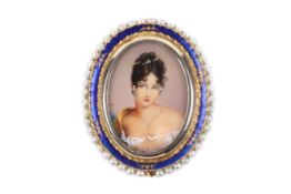A 20th century 18ct gold and pearl miniature portrait of a lady.