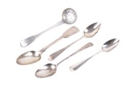 Four George III and later silver teaspoons and a sugar sifter.