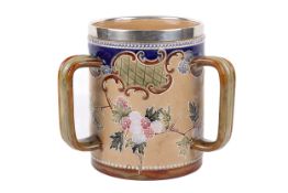 Royal Doulton Slaters stoneware tyg. Three handled tankard with hallmarked Stirling silver mount.
