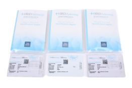 Three small diamonds with HRD certificates. One brilliant cut, 0.