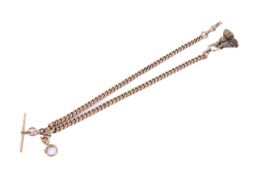 A 15ct gold Albert chain with T-bar and two yellow metal fobs.