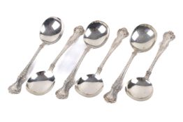 A set of six silver Shreve & Co soup spoons. Marked STERLING PAT.