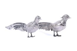 A pair of white metal pheasants with continental hallmark possibly Spain. H8.