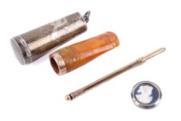 A gold swizzle stick, silver cigar holder and pendant. The stick marked '9 ct ENGLAND', L8.