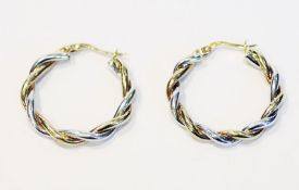 9 k (375) Gelb- und Weißgold Creolen in gedrehter Form, 3,46 gr., D 2,5 cm